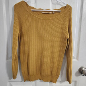 Soft Surroundings yellow ribbed sweater stretchy soft scalloped neckline Medium